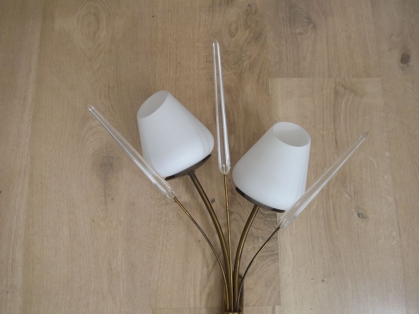 Mid Century French Brass Wall Sconces With Bullrush Design And Opaque Glass Shades photo Lighting