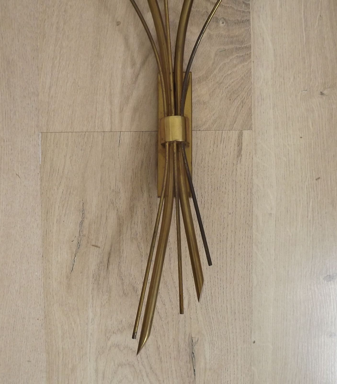 photo for sale Mid Century French Brass Wall Sconces With Bullrush Design And Opaque Glass Shades