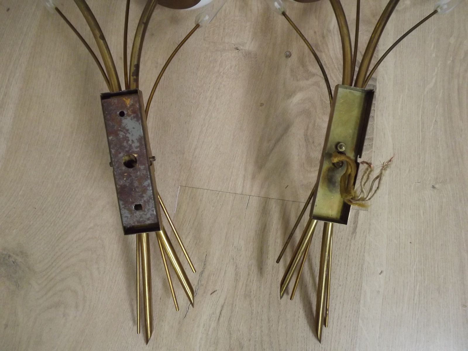 photo buy Mid Century French Brass Wall Sconces With Bullrush Design And Opaque Glass Shades