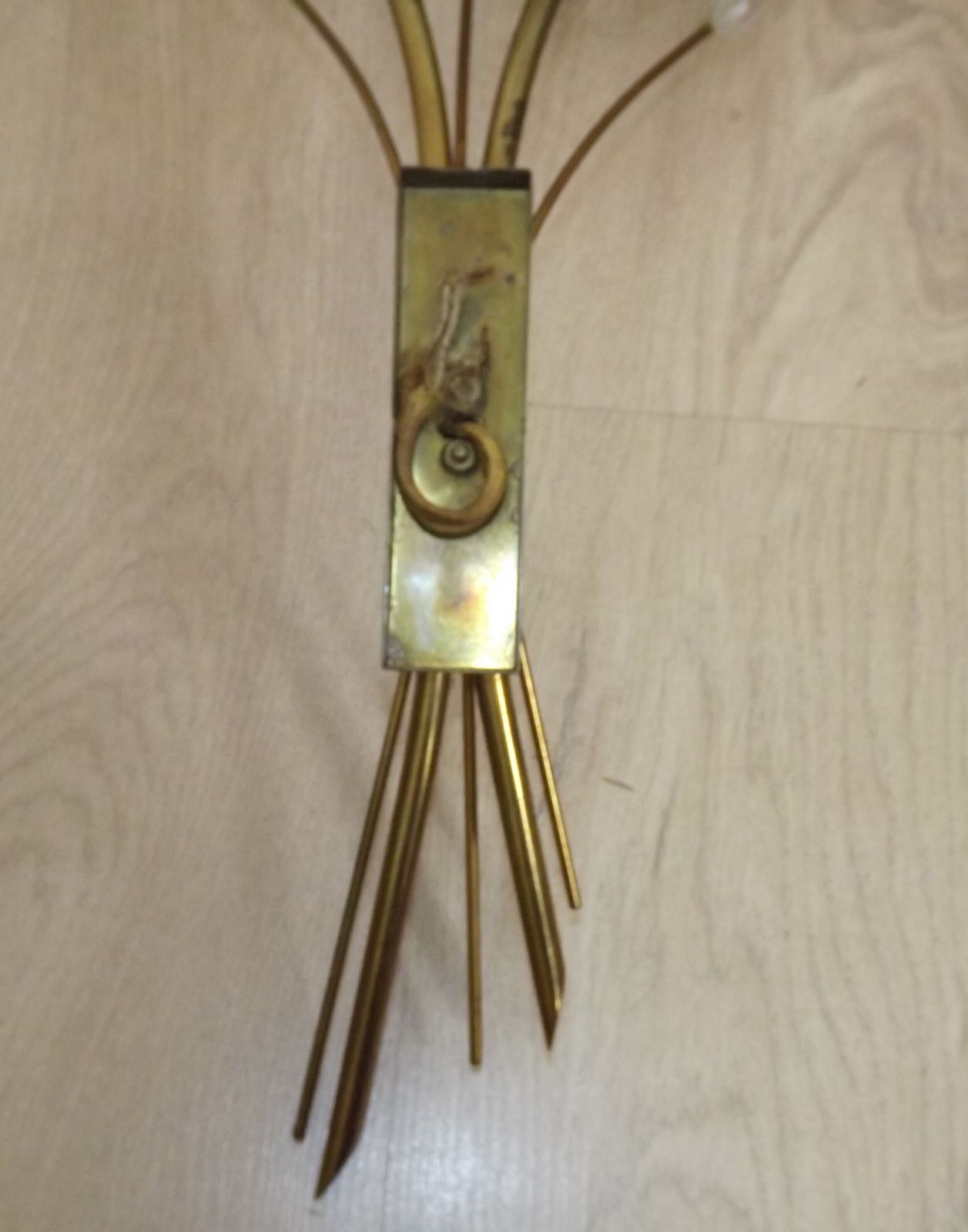 195.0 Mid Century French Brass Wall Sconces With Bullrush Design And Opaque Glass Shades photo