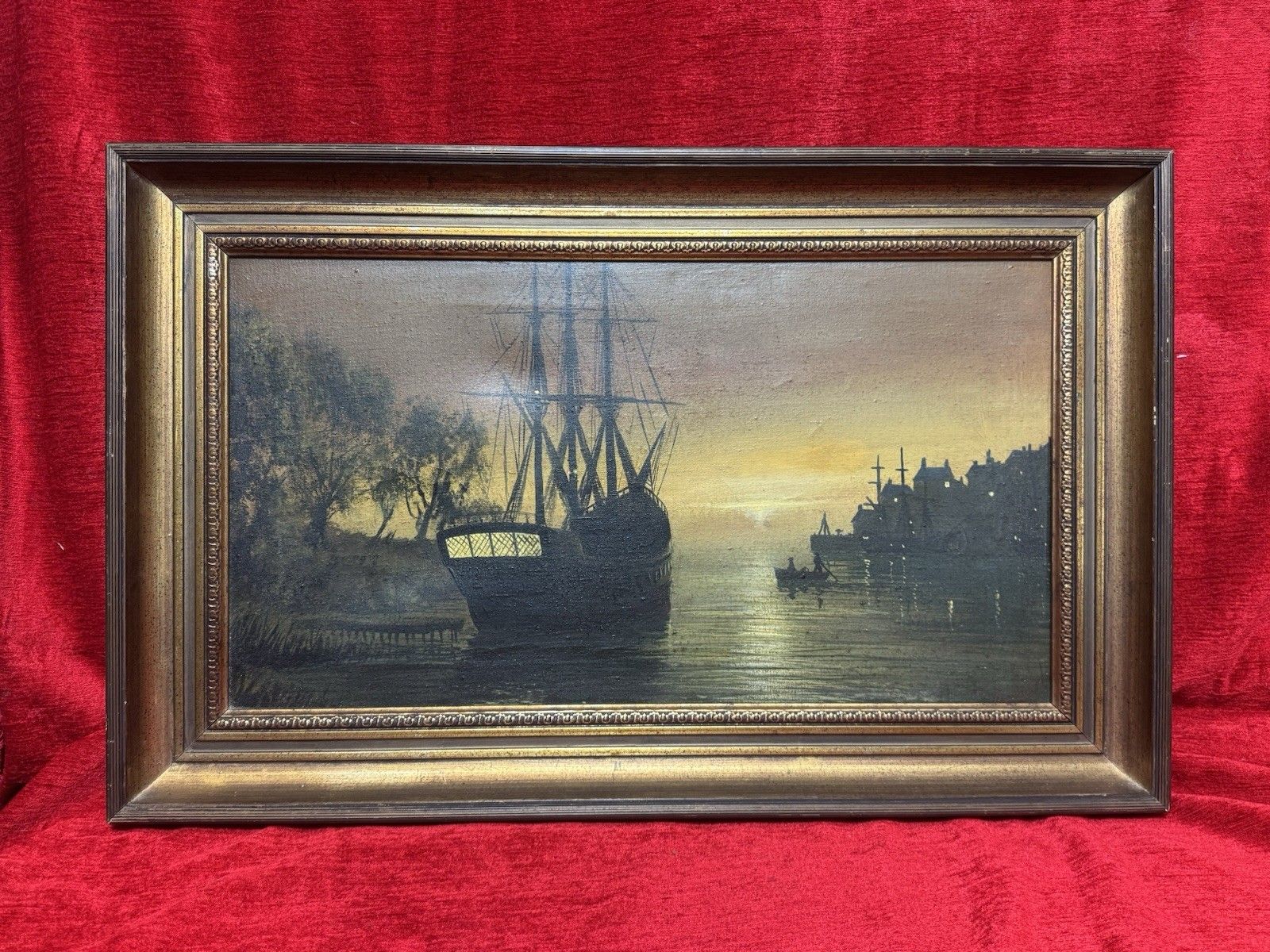 Moonlit Masted Galleon In Harbour Scene Oil Painting Signed Adams photo furniture