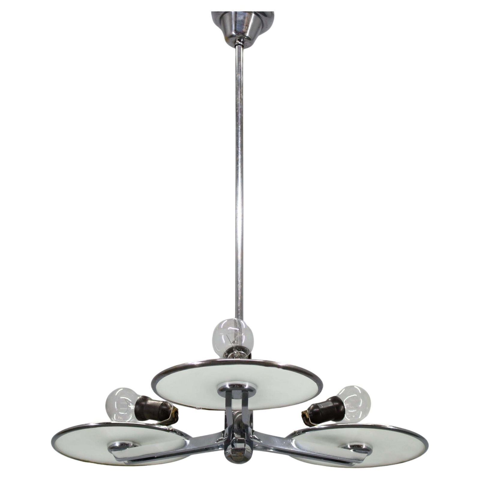 Restored Bauhaus Or Art Deco Chrome And Glass Chandelier, Czechoslovakia
