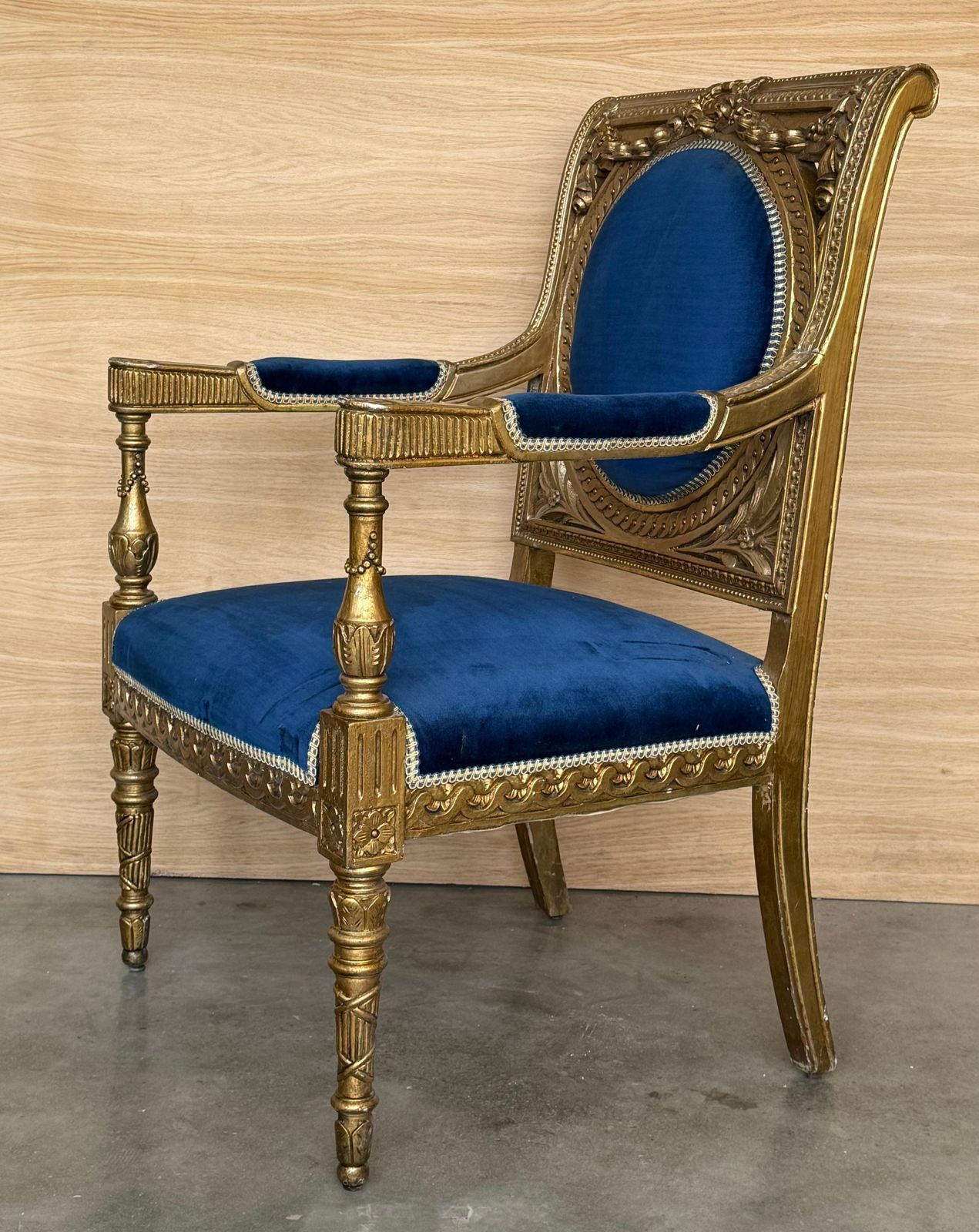 Pair Of Louis XVI Style Giltwood Armchairs With Blue Klein Velvet photo Furniture