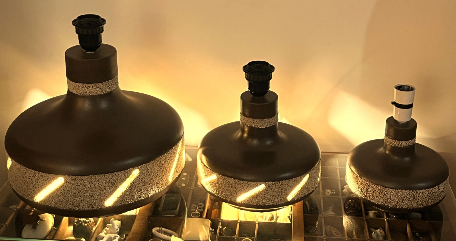 photo furniture Set Of 3 Graduated Midcentury Modern West German Pottery Fat Lava Twin Bulb Table Lamp Bases.