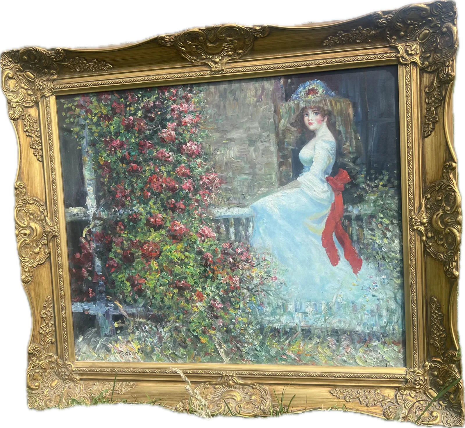 Mid 20th Century Impressionist Portrait Of A Lady In Garden Scene, Oil Painting In Ornate Gilt Frame