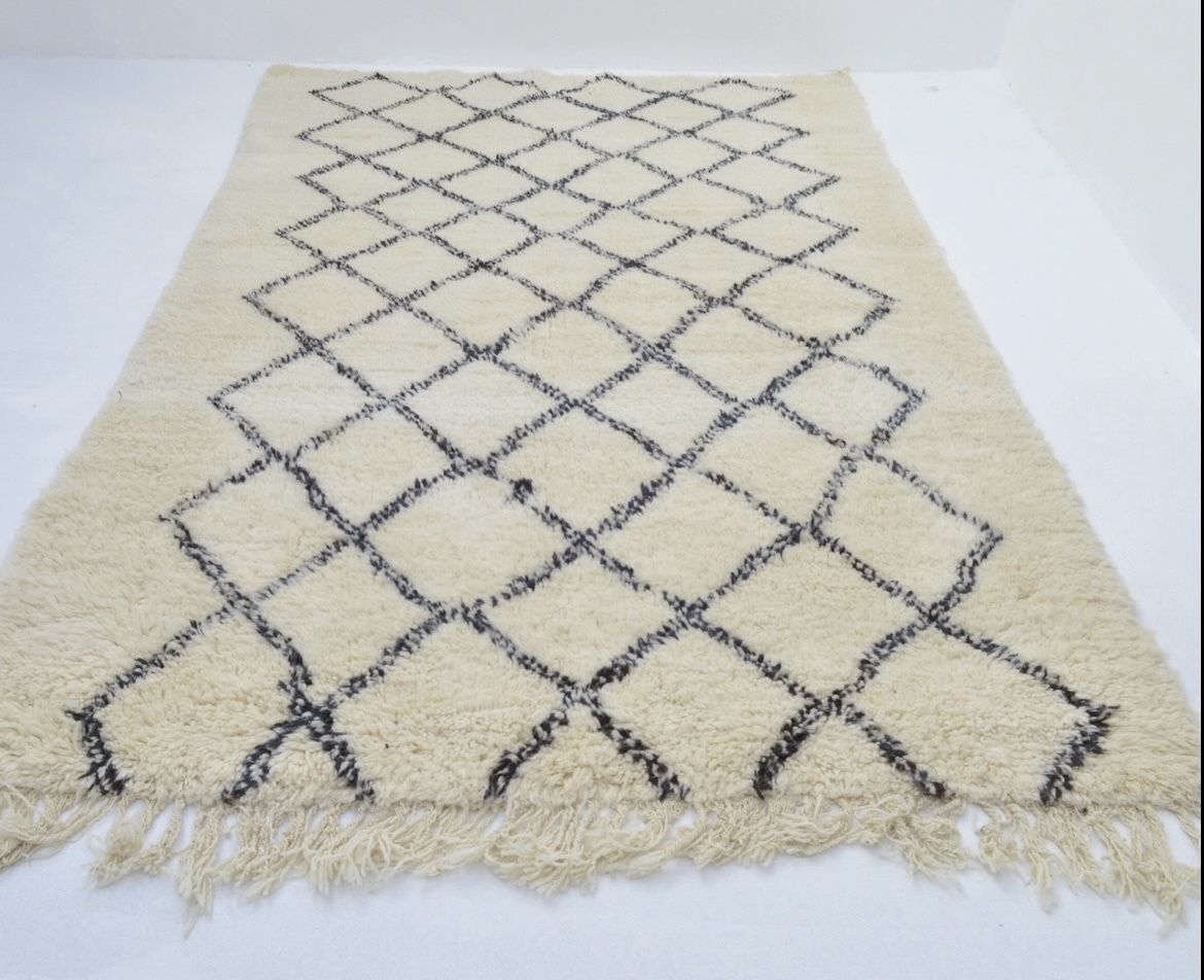 Vintage Moroccan Beni Ourain Rug 6’6”X 9 Ft 10 Hand Knotted Cream & Navy Lozenge Plush 100% Wool Berber Carpet Le Corbusier Eames photo 2069.0