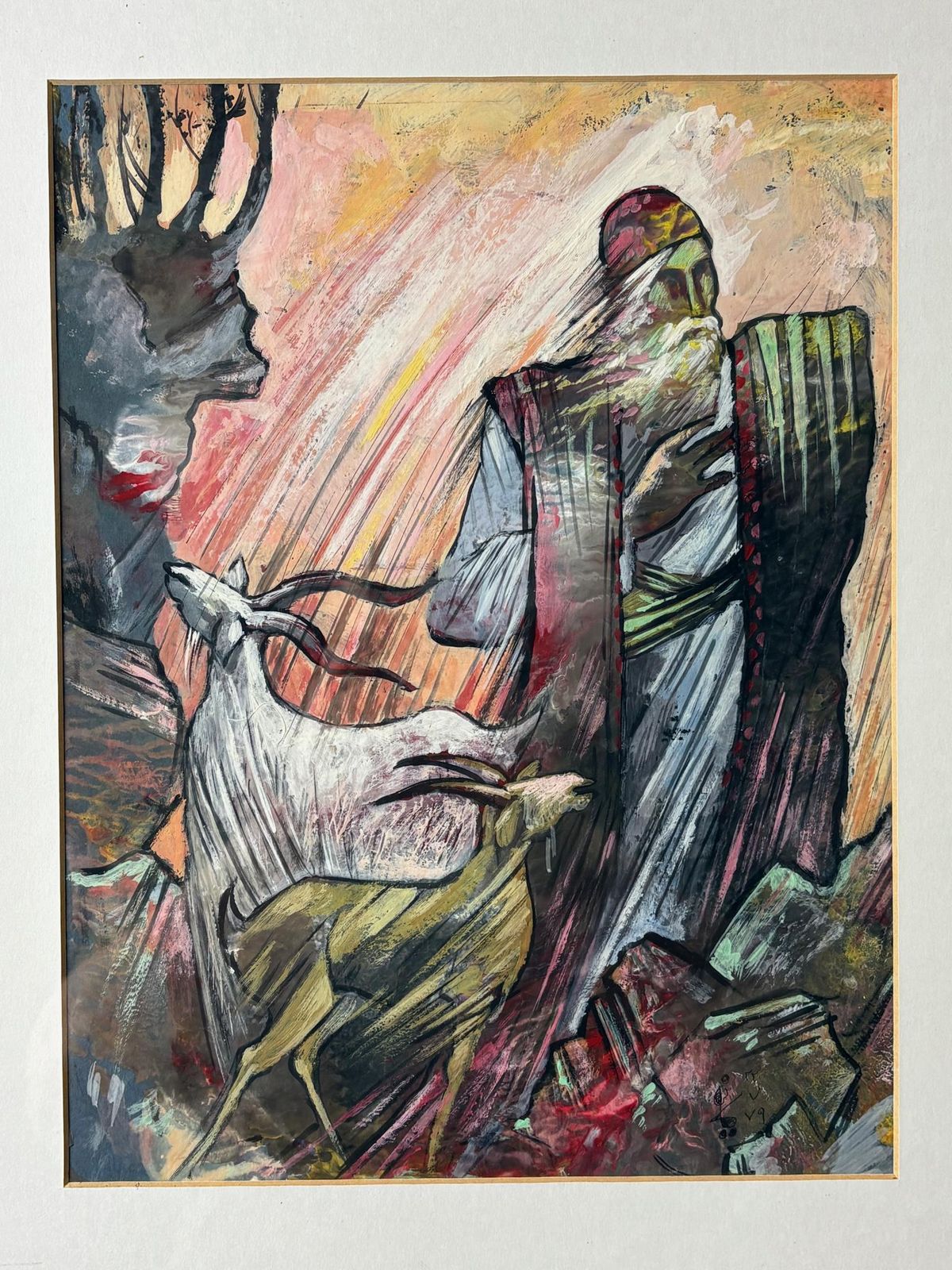 Mohsen Keiany (Kiani), “Old Man And Goats” – Early Mixed‑Media On Paper, Signed, Framed