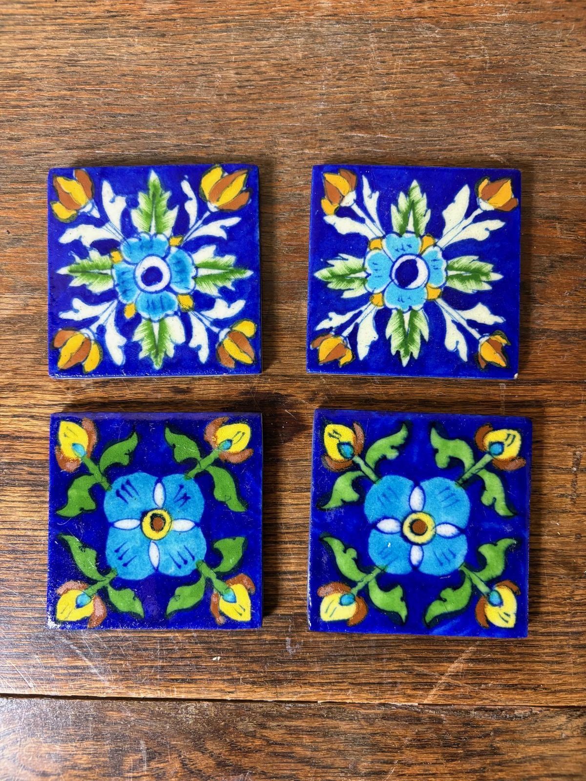 Set Of 4 Hand‑Painted Persian/Jaipur‑Style Floral Tiles On Cobalt Blue, 7.5 Cm photo furniture