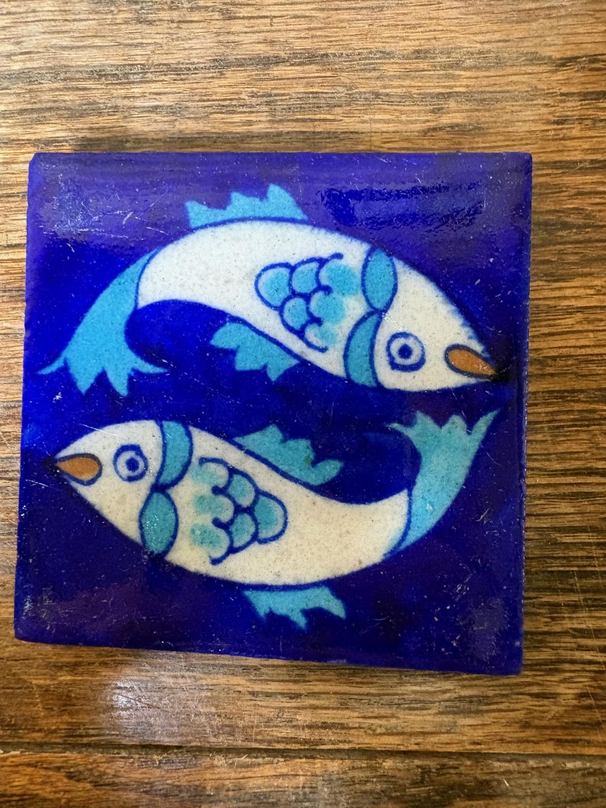 Set Of 8 Hand‑Painted Jaipur Blue Pottery “Fish” Tiles, Cobalt Ground photo vintage