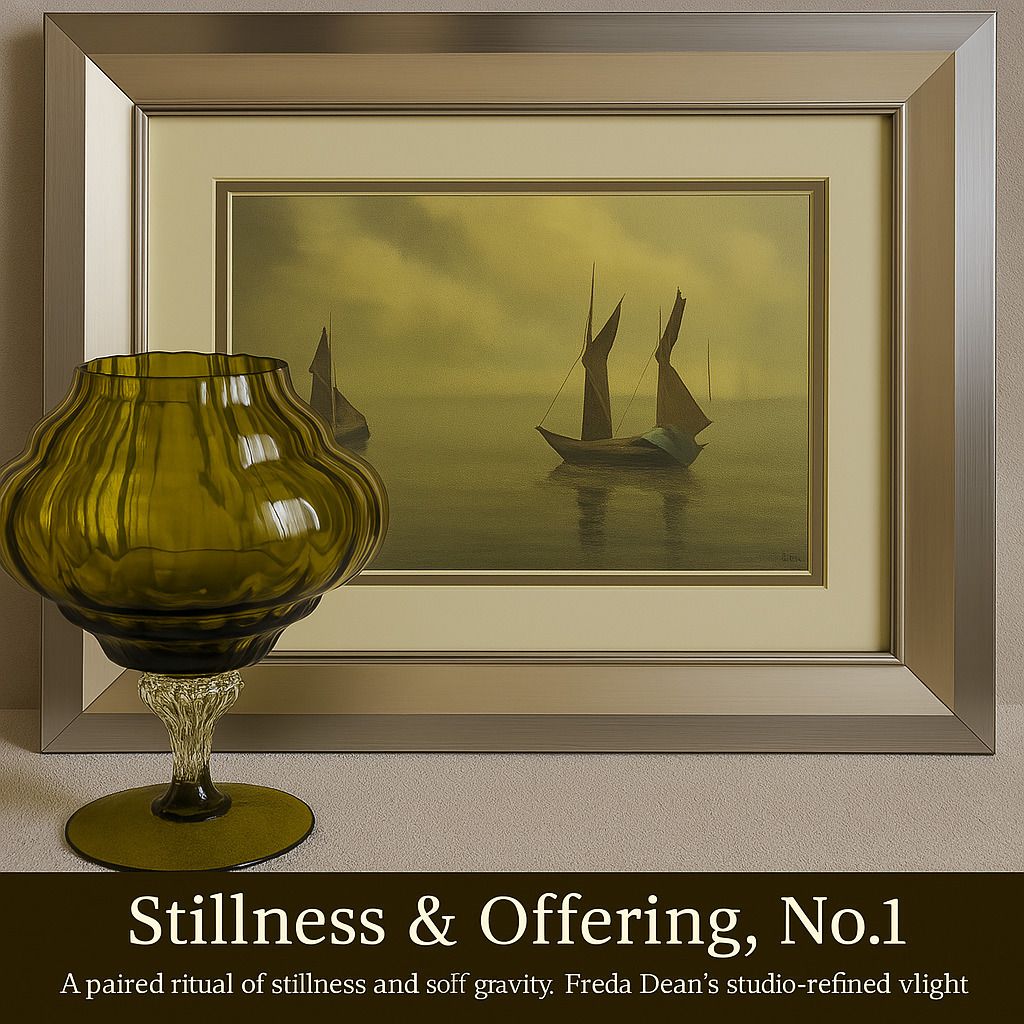 Framed Freda Dean Sailboat Painting (1996) And Mid Century Olive Glass · Empoli Or Bohemia