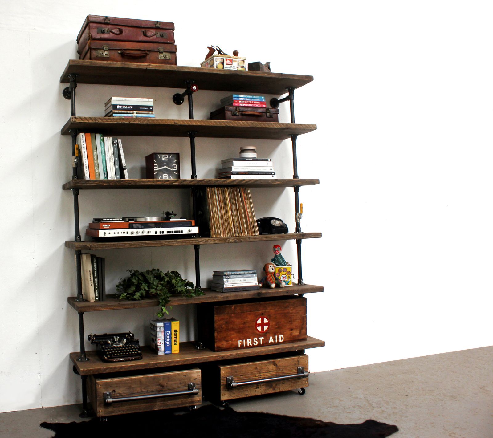 Saul Industrial Reclaimed Scaffold Board And Dark Steel Pipe Shelving Unit With Roll Out Drawers photo vinterior