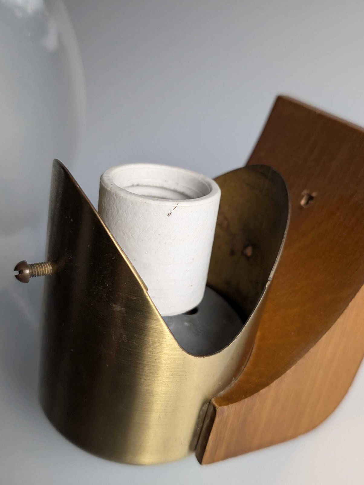 Vintage Wall Sconce Made Of Wood, Brass And Two Tone Oval Glass, Italy, 1970s photo vinterior