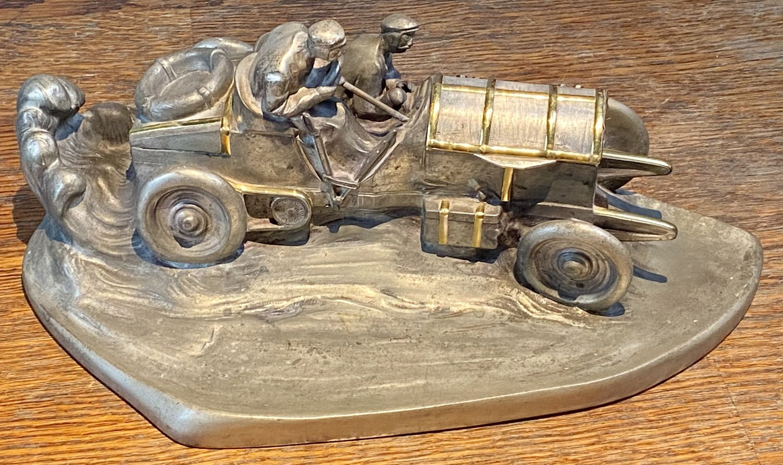 Rare Wilhelm Zwick Pewter Mercedes Benz Rally Car Desk Stand & Inkwell With Gold Gilt Detailing And Brass Inkwell Model Sculpture Art Nouveau Deco photo buy