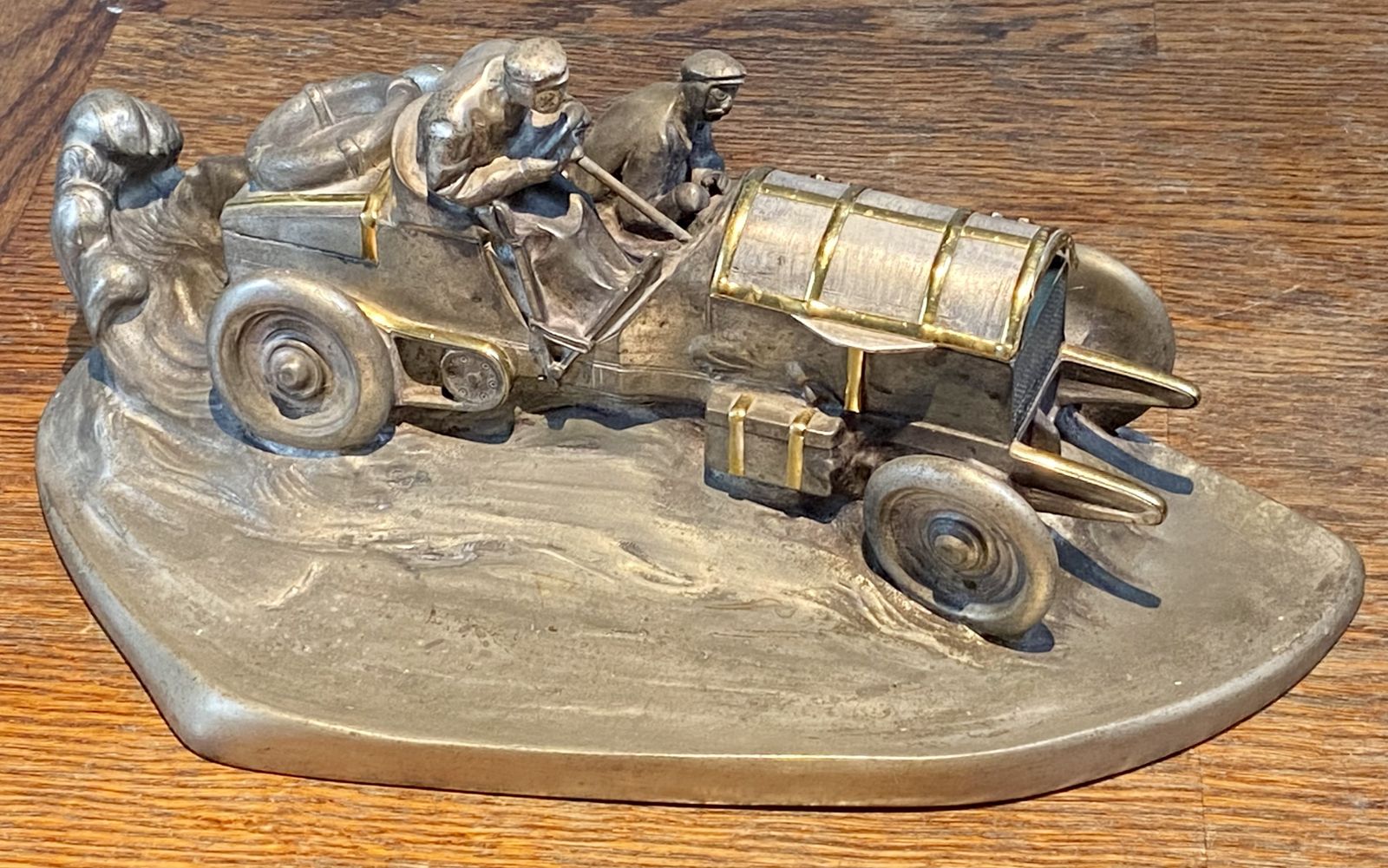 Rare Wilhelm Zwick Pewter Mercedes Benz Rally Car Desk Stand & Inkwell With Gold Gilt Detailing And Brass Inkwell Model Sculpture Art Nouveau Deco photo for sale