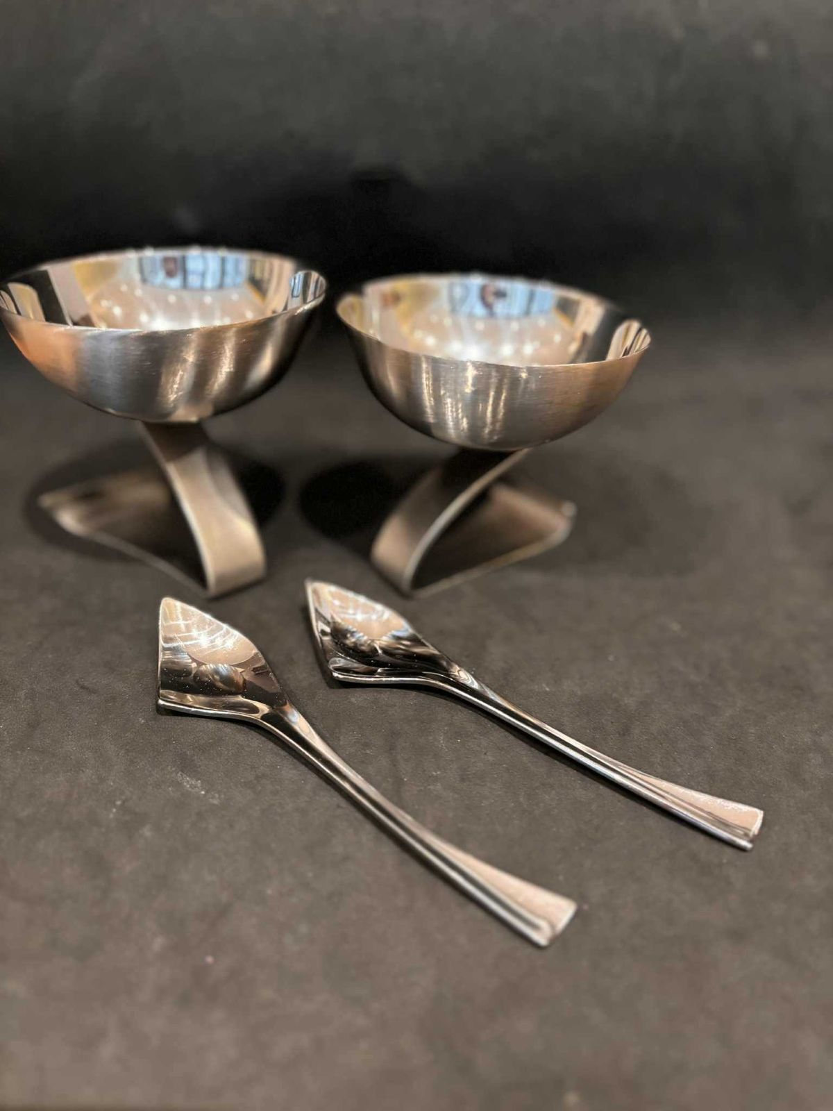 Futuristic Stainless Steel Dessert Cups – Set Of 2 With Matching Modernist Spoons (1980s) photo buy