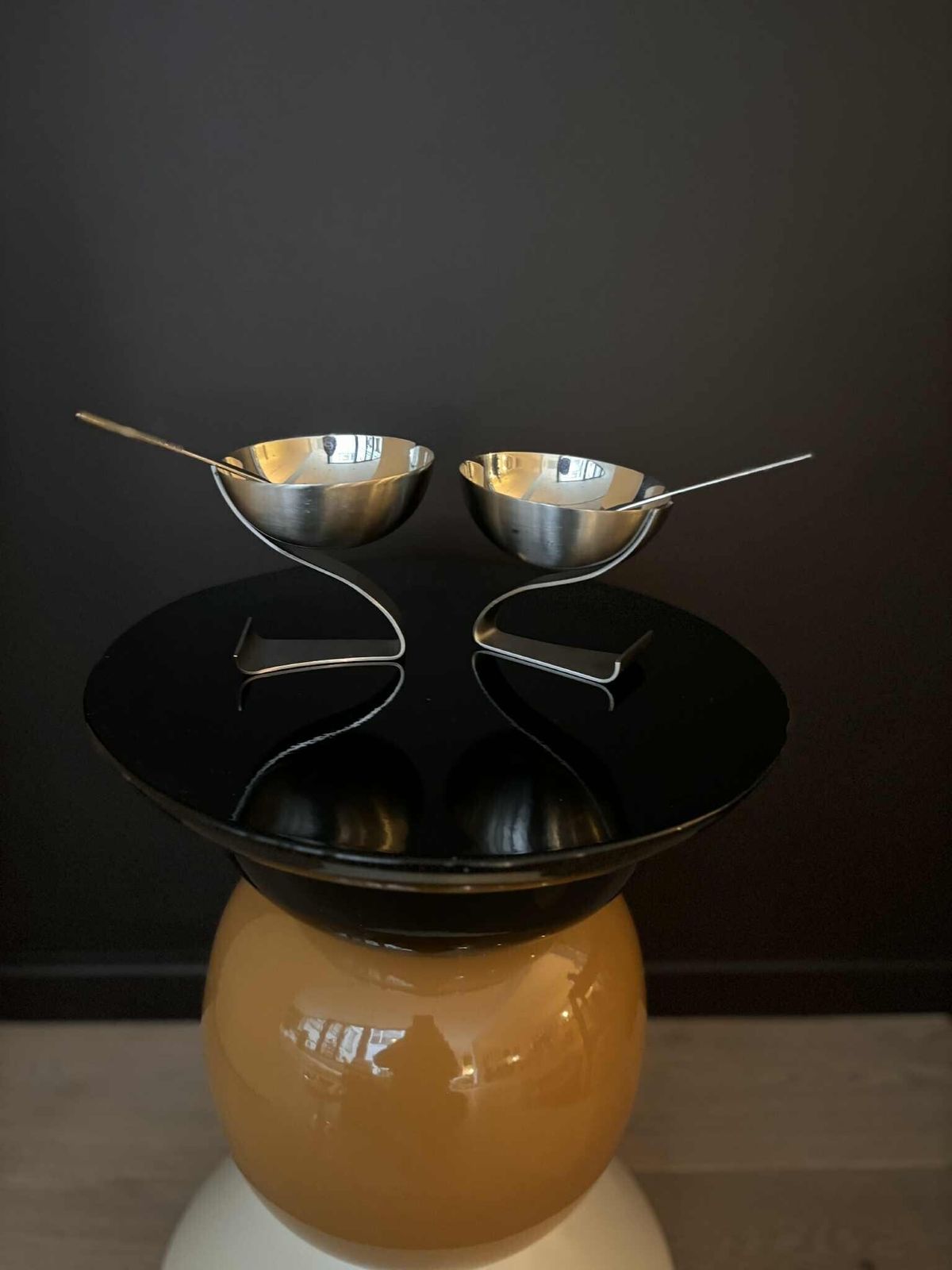 photo for sale Futuristic Stainless Steel Dessert Cups – Set Of 2 With Matching Modernist Spoons (1980s)