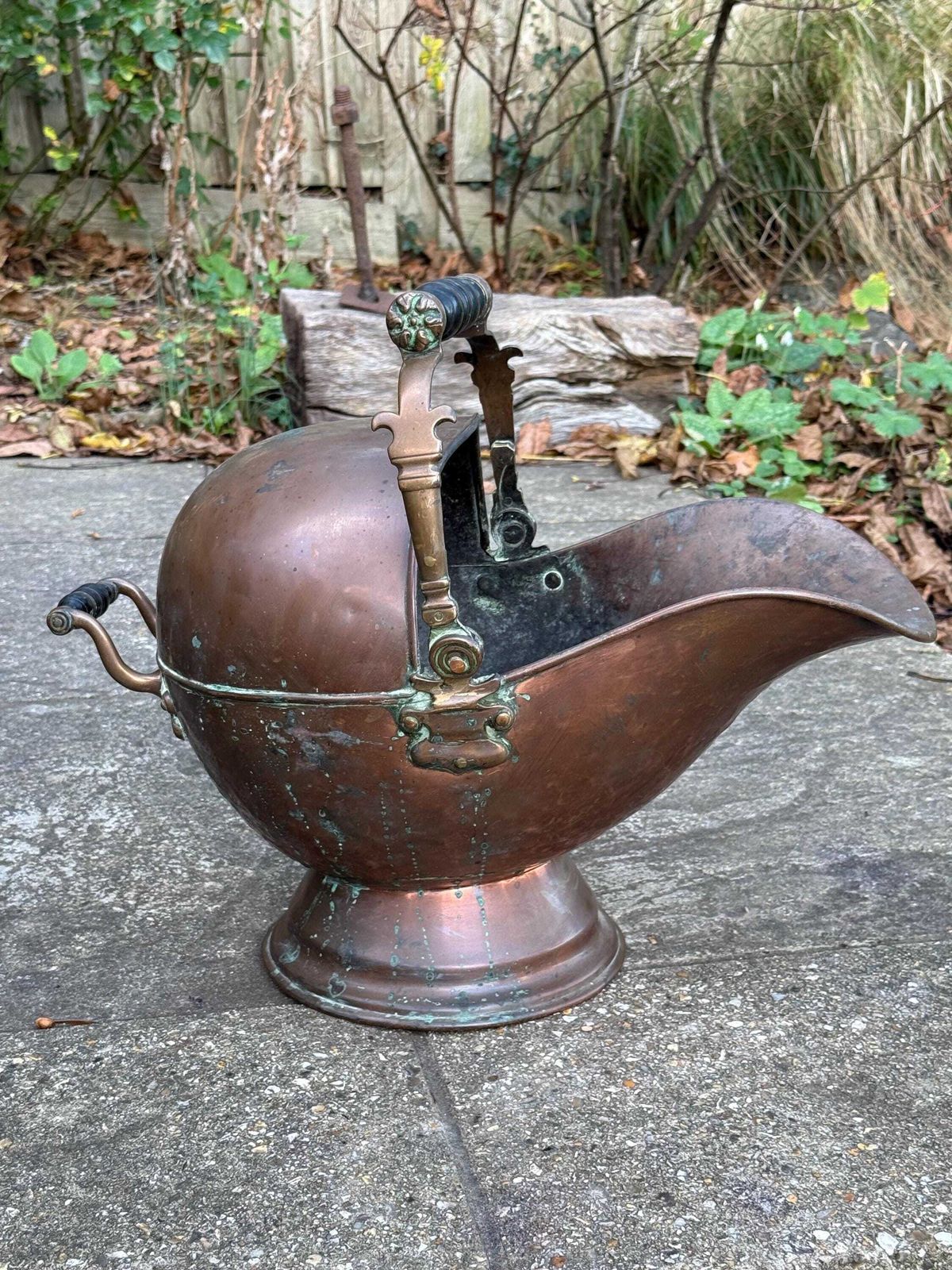 Antique Copper & Brass Coal Scuttle With Verdigris Patina And Turned Handle