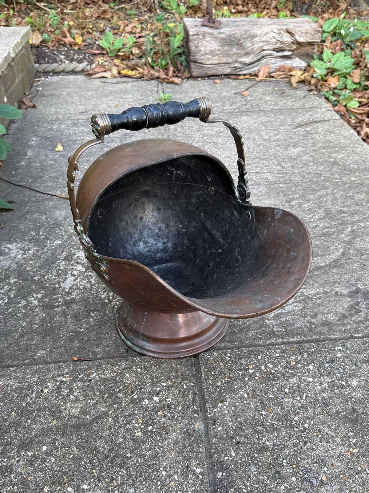 Antique Copper & Brass Coal Scuttle With Verdigris Patina And Turned Handle photo furniture