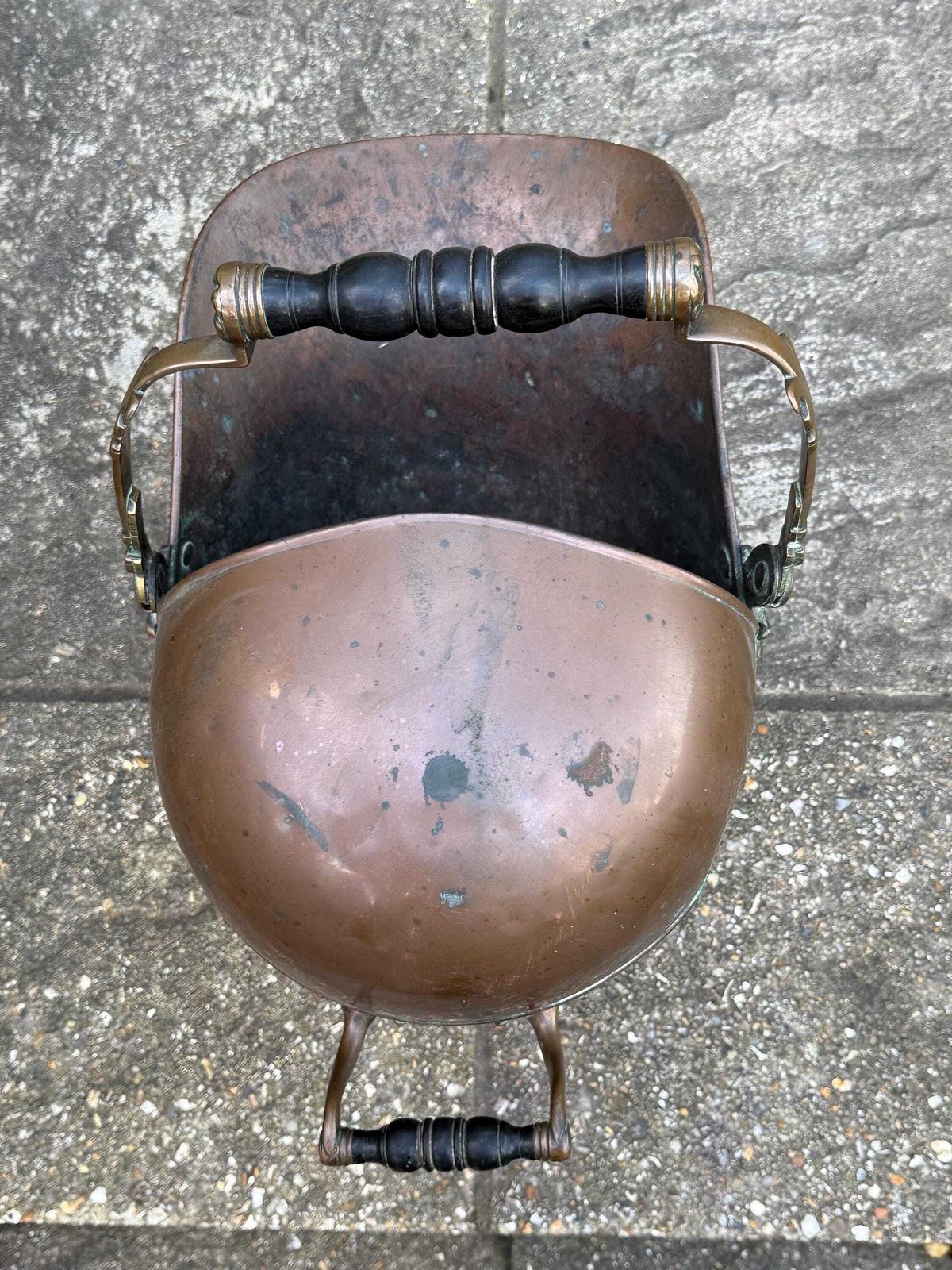 Antique Copper & Brass Coal Scuttle With Verdigris Patina And Turned Handle photo vintage