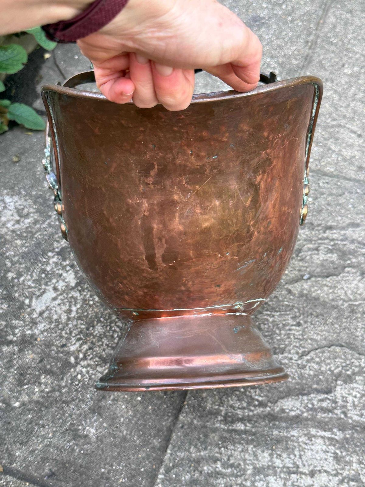 photo for sale Antique Copper & Brass Coal Scuttle With Verdigris Patina And Turned Handle