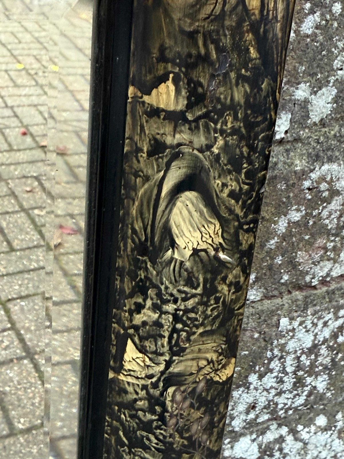 photo furniture Unusual Antique Lacquered Gesso Decoupage Mirror With Black And Gold Aesthetic Movement Frame 40cm X 45cm