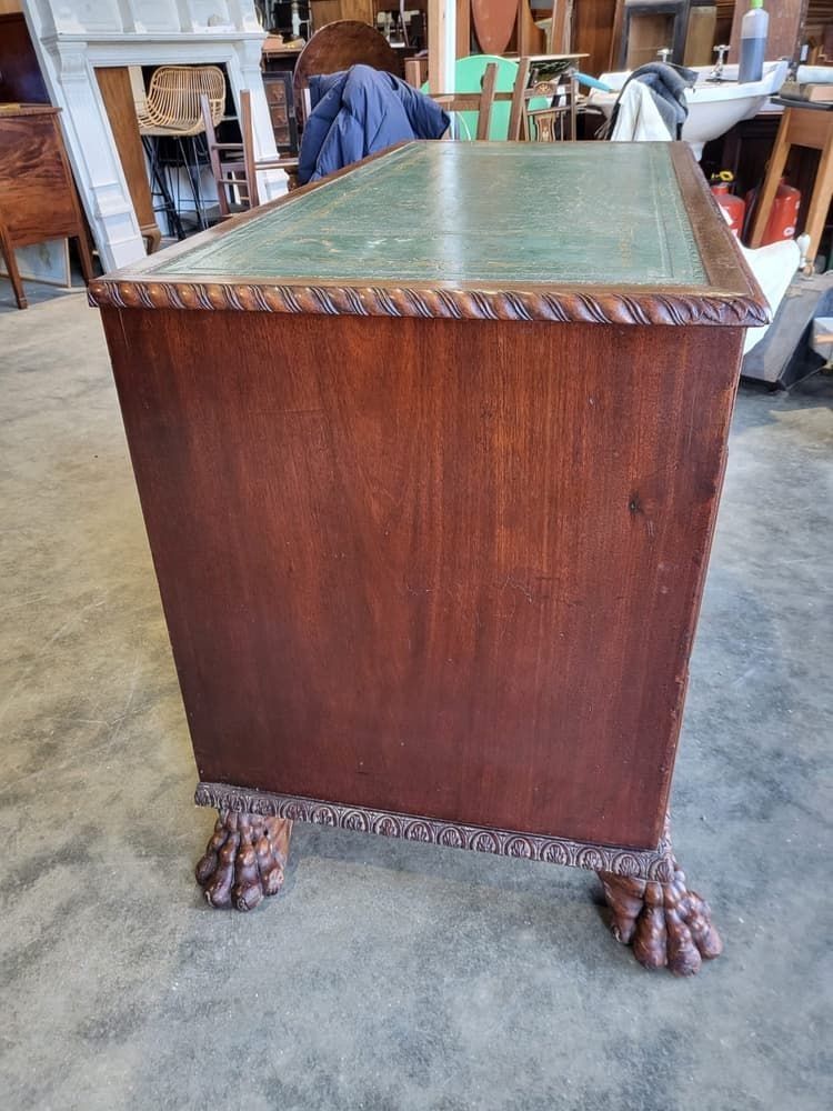 Antique Victorian Knee Hole Writing Desk Claw Feet Leather Top Cupboard photo vinterior