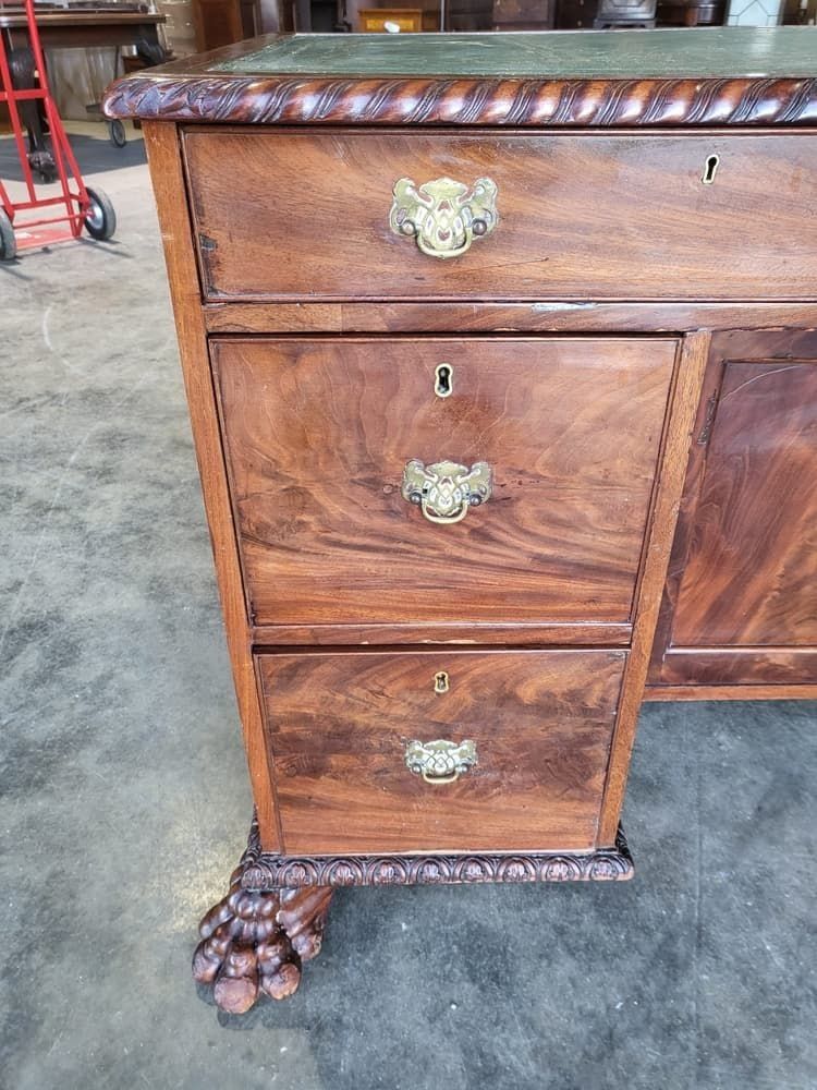 photo for sale Antique Victorian Knee Hole Writing Desk Claw Feet Leather Top Cupboard