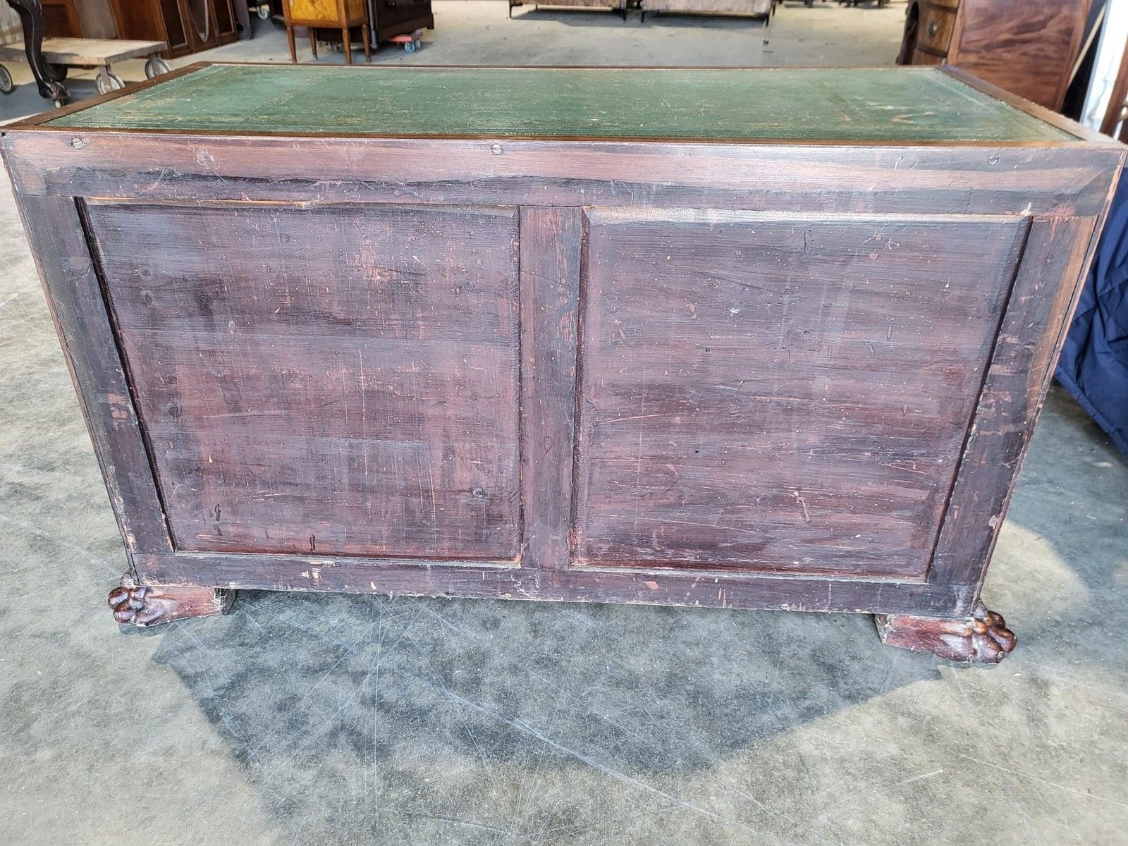 495.0 Antique Victorian Knee Hole Writing Desk Claw Feet Leather Top Cupboard photo