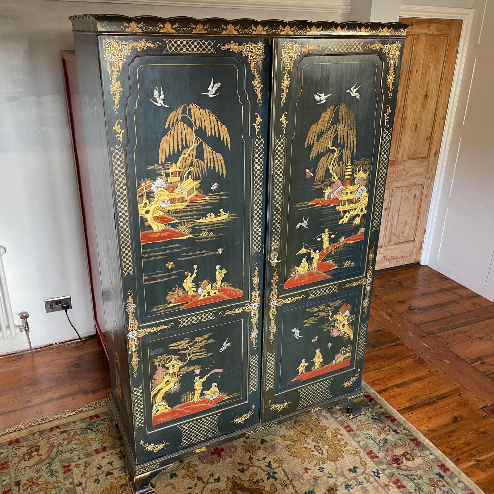 photo for sale Oriental Lacquer Wardrobe Vintage Double Cabinet Painted Chinoiserie Blue Asian Bedroom Hand Decorated Gold Red Furniture Figures Scenes