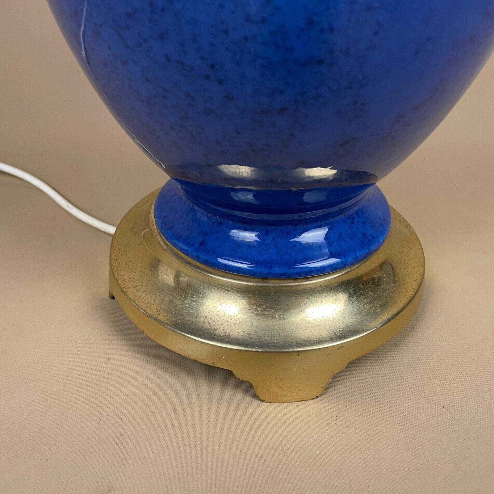 Ceramic Lamp Light Bedside Table Glazed Blue Antique Gold Brass Metal Vase Large Vintage Round Elegant Classic photo vinterior