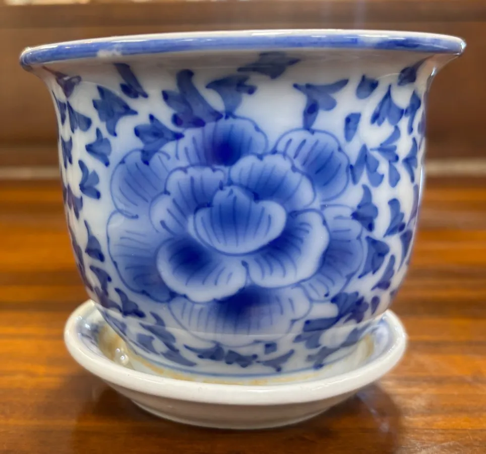 Vintage Set Of 5 Chinese Graduating Blue & White Plant Pots & Saucers photo 75.0