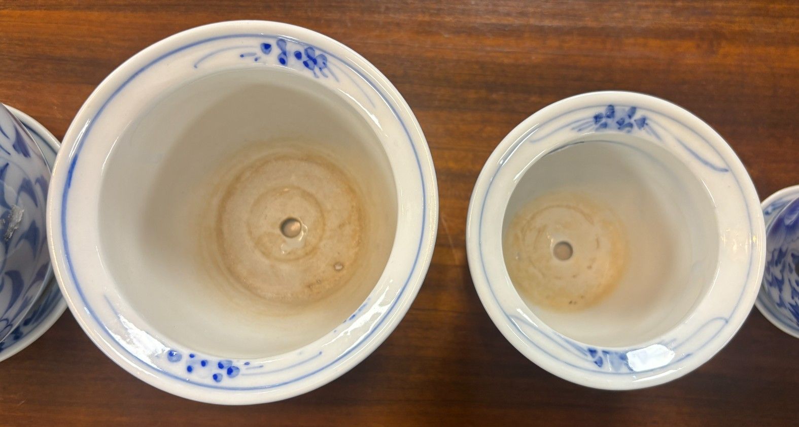 Vintage Set Of 5 Chinese Graduating Blue & White Plant Pots & Saucers photo vintage