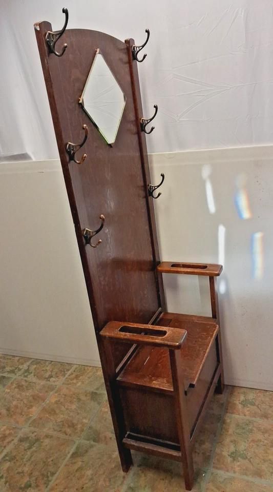 Antique Art Deco Hall Stand Bench With Original Hooks And Drip Trays photo buy