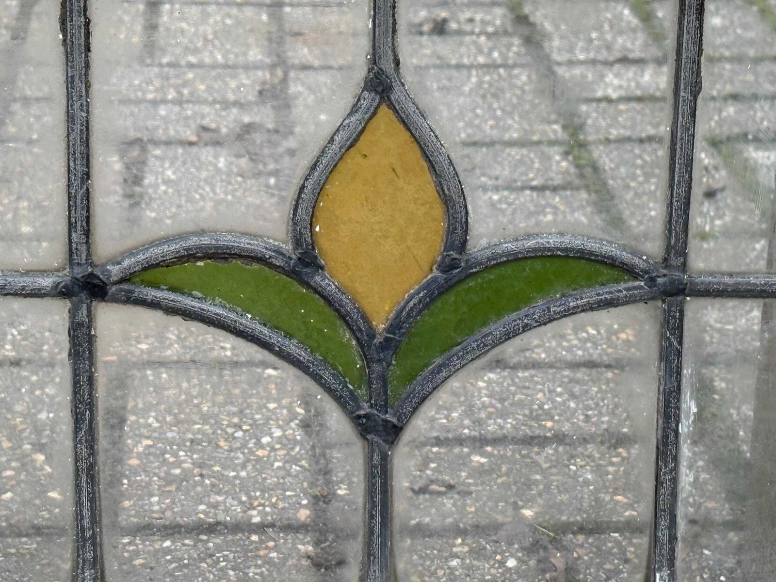 Original 1930s Art Deco Stained Glass Yellow Tulip Design Window Panel 46cm X 36cm photo for sale