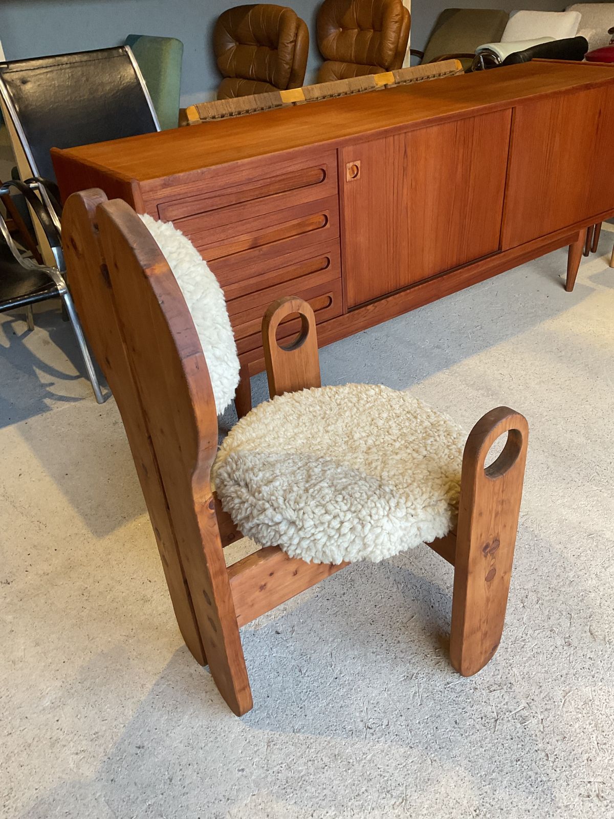 Furniture Midcentury Solid Larch Wood& Sheepskin Side Chair, Armchair By Rudolf Szedleczky photo
