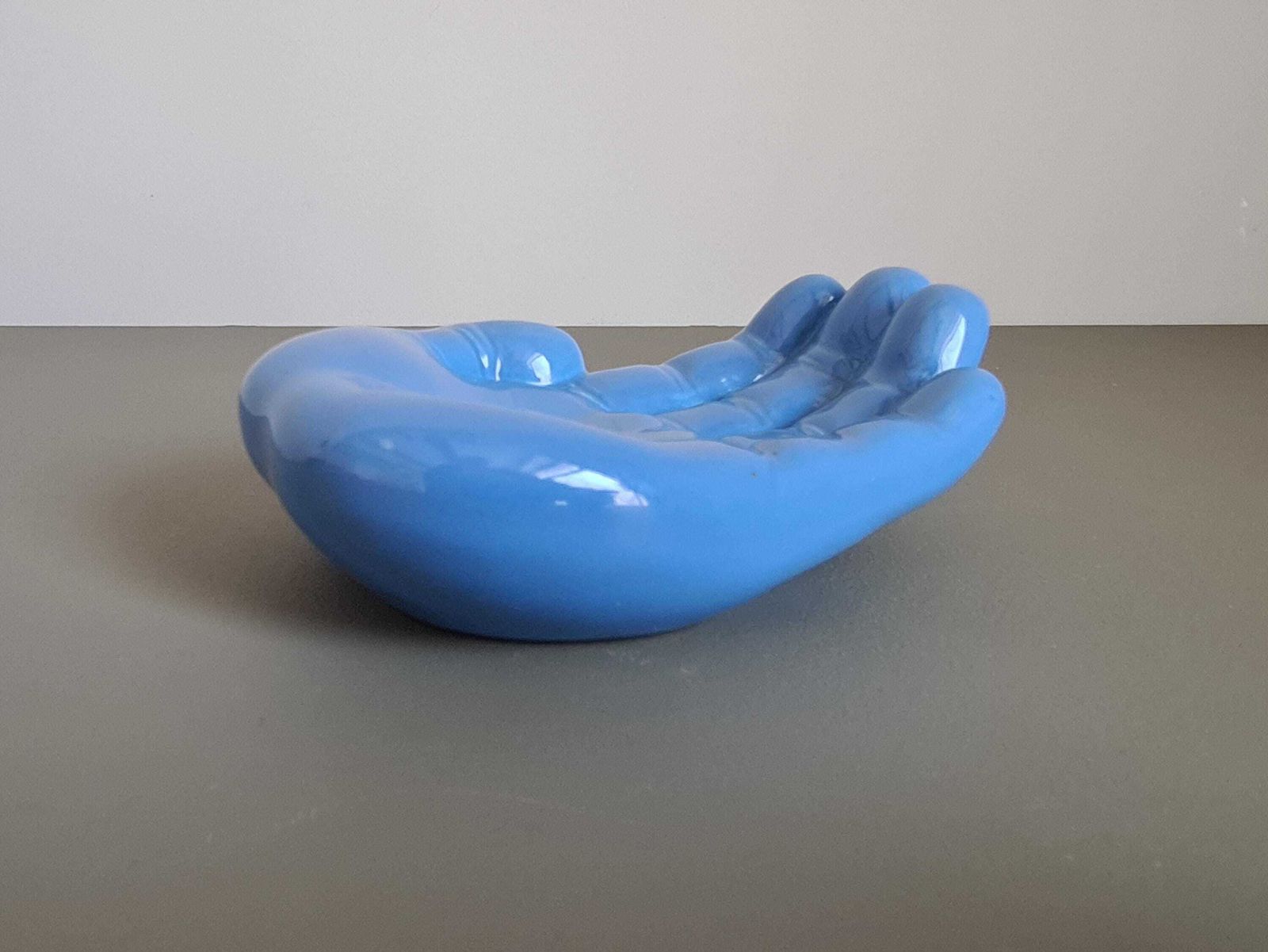 Vintage Blue Ceramic Hand Trinket Dish   1970s Decorative Sculpture   Retro Design Object, Centerpiece, Home Decor, Soap Dish