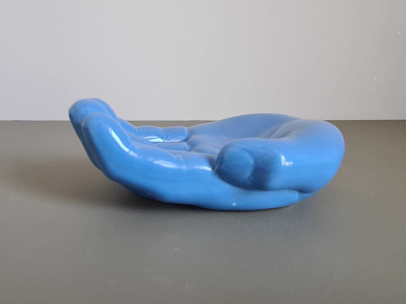 Vintage Blue Ceramic Hand Trinket Dish   1970s Decorative Sculpture   Retro Design Object, Centerpiece, Home Decor, Soap Dish photo for sale