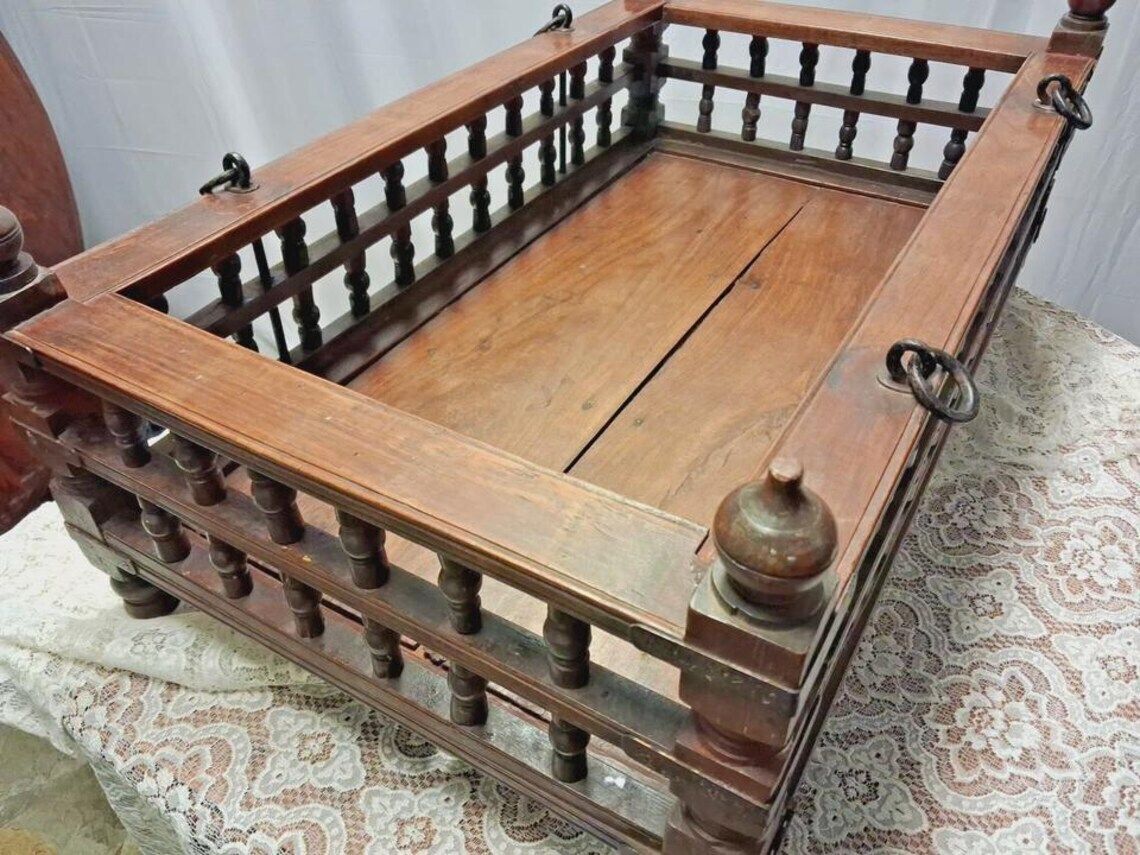 Antique Indian Hardwood Hanging Cot Or Log Basket Book Rack photo buy