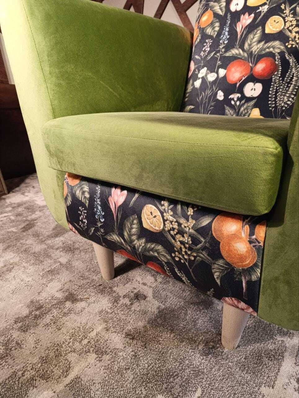 Mid Century Inspired Lounge Chair In Velvet | Clarke And Clarke Botanical Print | Sculptural Profile photo buy