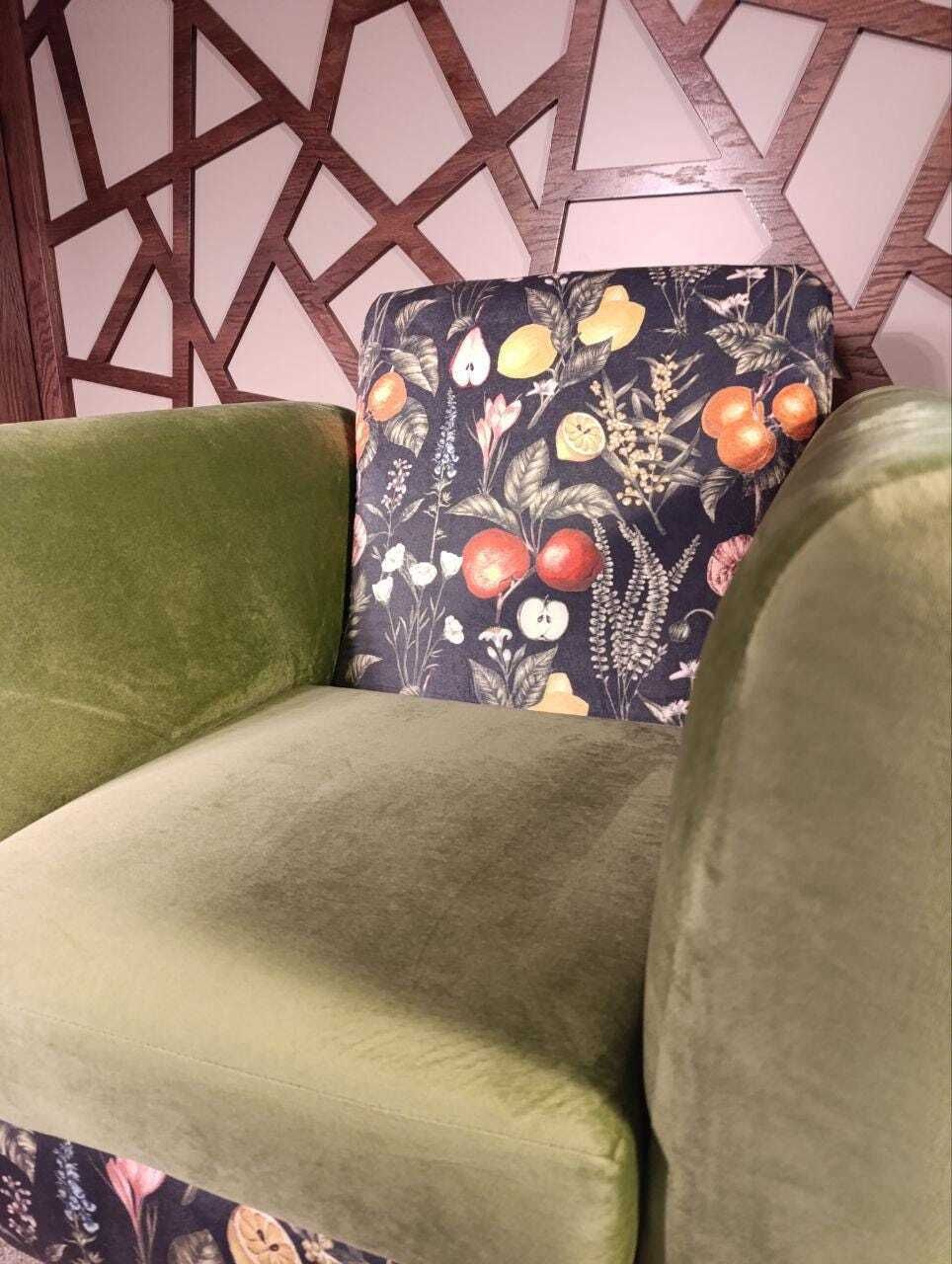 Mid Century Inspired Lounge Chair In Velvet | Clarke And Clarke Botanical Print | Sculptural Profile photo vintage