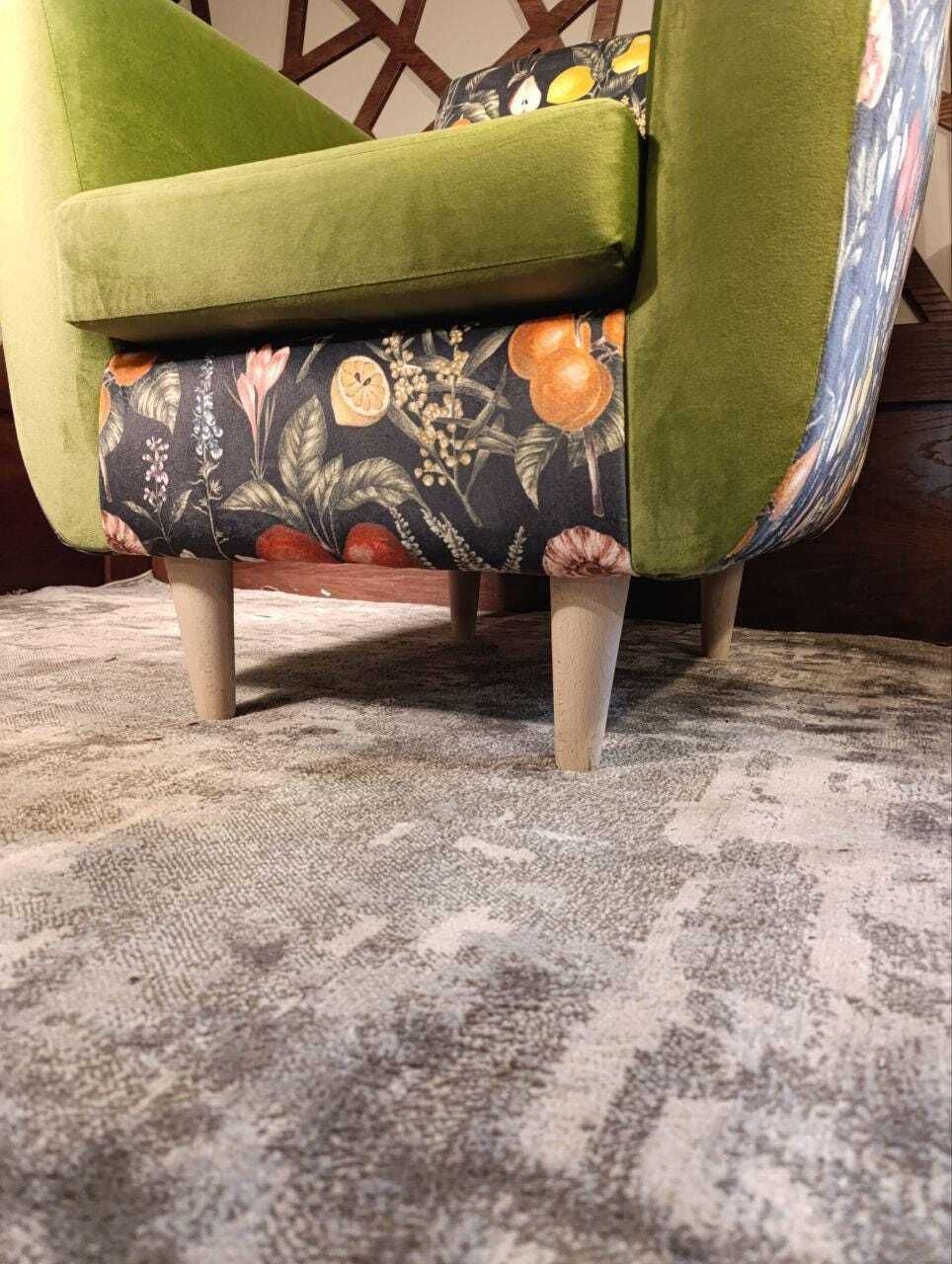 photo furniture Mid Century Inspired Lounge Chair In Velvet | Clarke And Clarke Botanical Print | Sculptural Profile