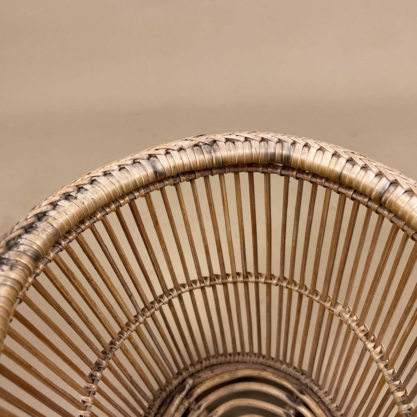 Vintage Basket Woven Wicker Brown Planter Plant Pot Round Circular Wood Brown Cottage Farmhouse Handmade Antique Bamboo Striped photo buy