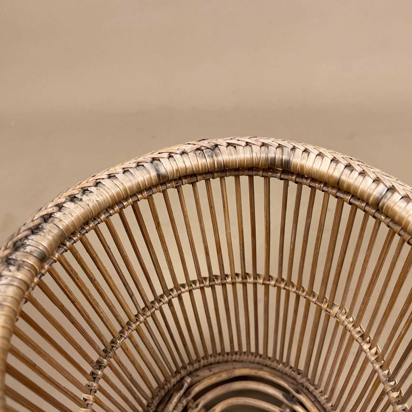 Vintage Basket Woven Wicker Brown Planter Plant Pot Round Circular Wood Brown Cottage Farmhouse Handmade Antique Bamboo Striped photo vintage