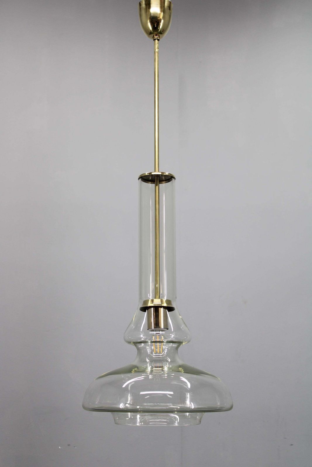 Mid Century Czech Glass Pendant Light Brass Finish 1970s Modern Rewired photo for sale