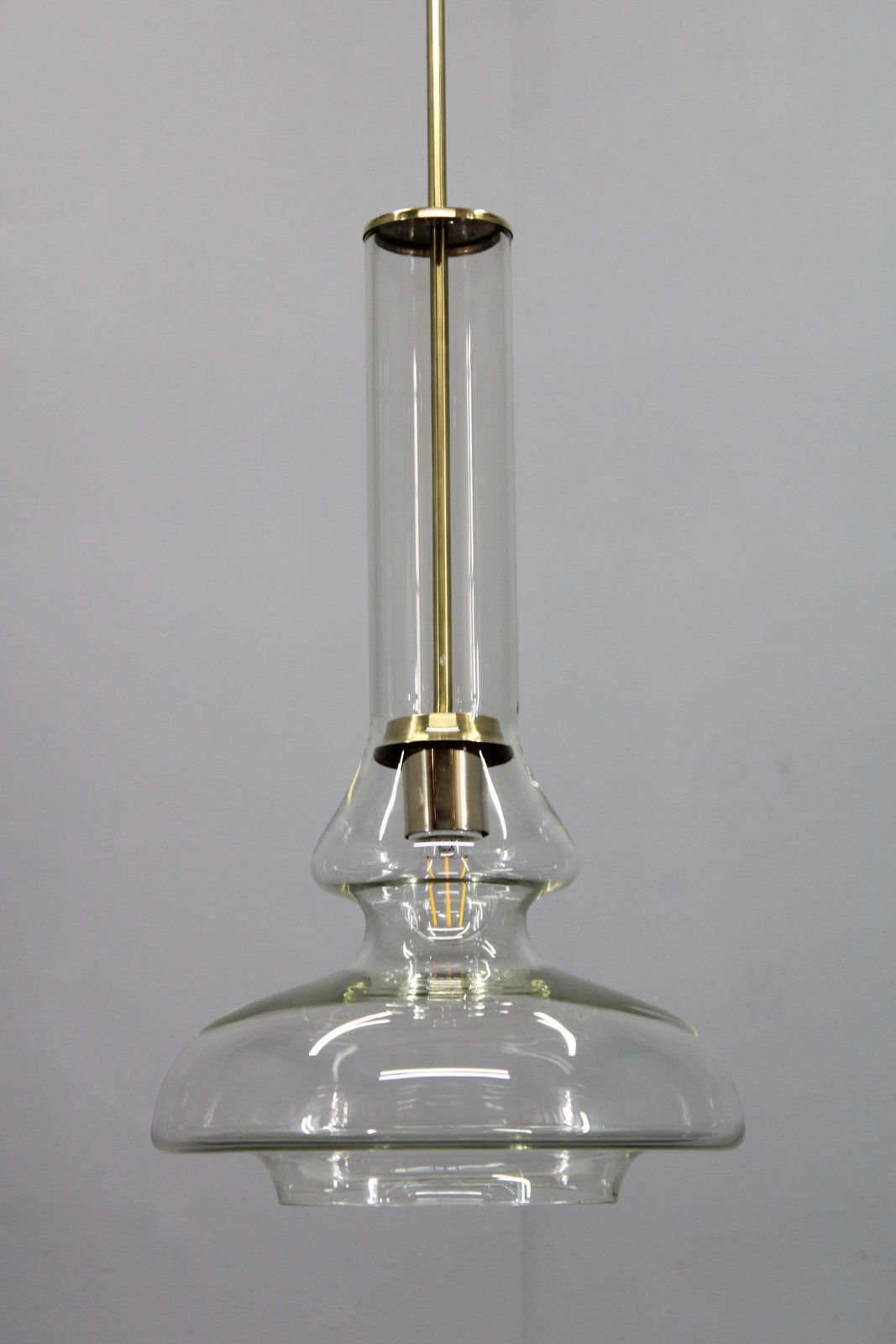 Mid Century Czech Glass Pendant Light Brass Finish 1970s Modern Rewired photo Lighting