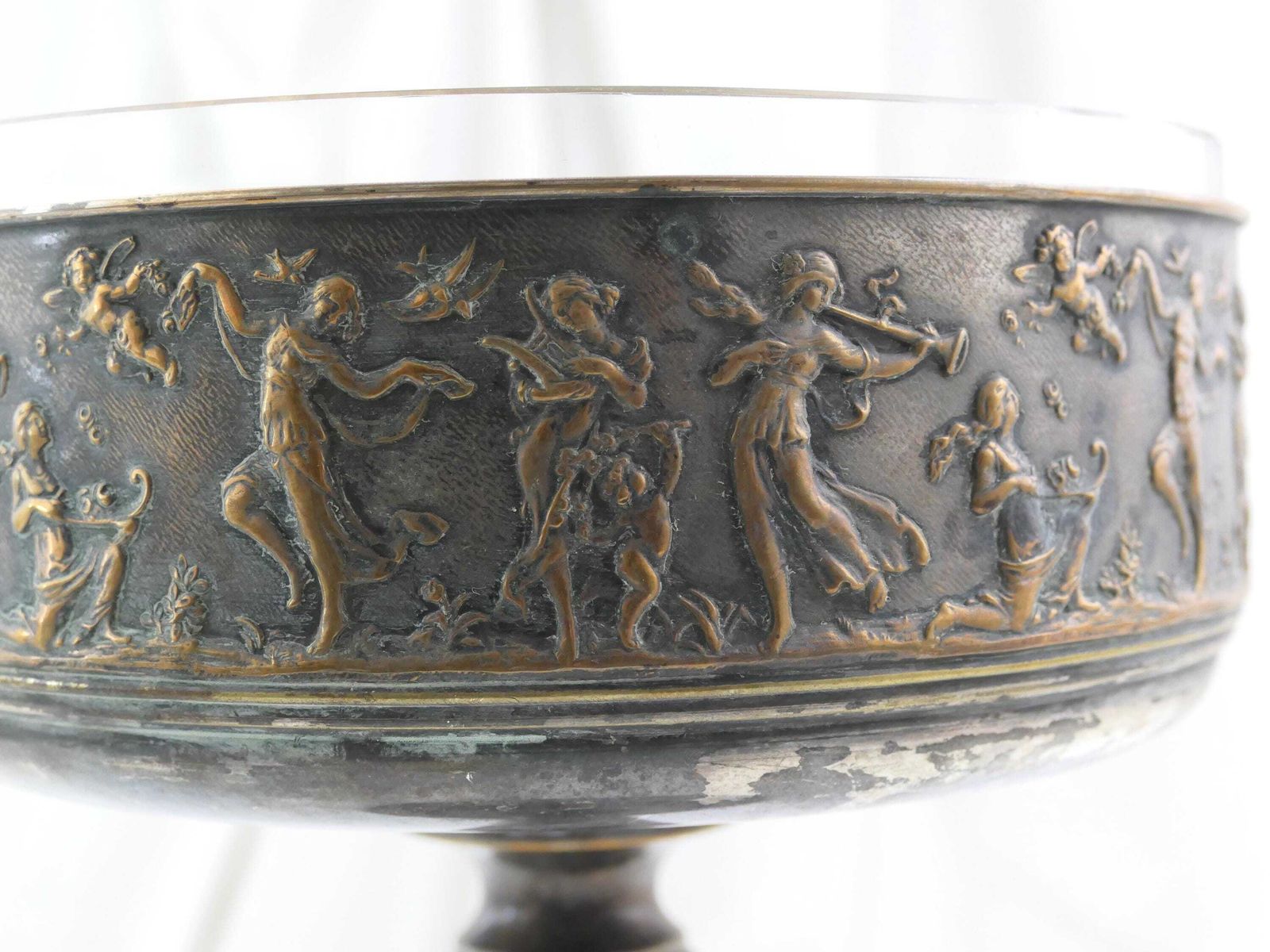 Antique French Worn Silver Plated Pedestal Fruit Bowl With Embossed Classical Scene, Retro Shabby Distressed Chateau Chic Table Center Piece photo for sale
