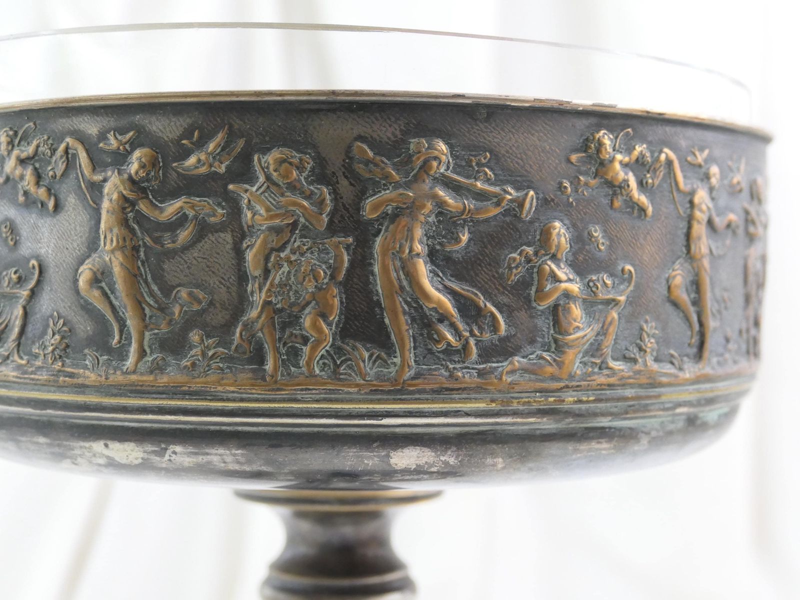 Antique French Worn Silver Plated Pedestal Fruit Bowl With Embossed Classical Scene, Retro Shabby Distressed Chateau Chic Table Center Piece photo Home Decor