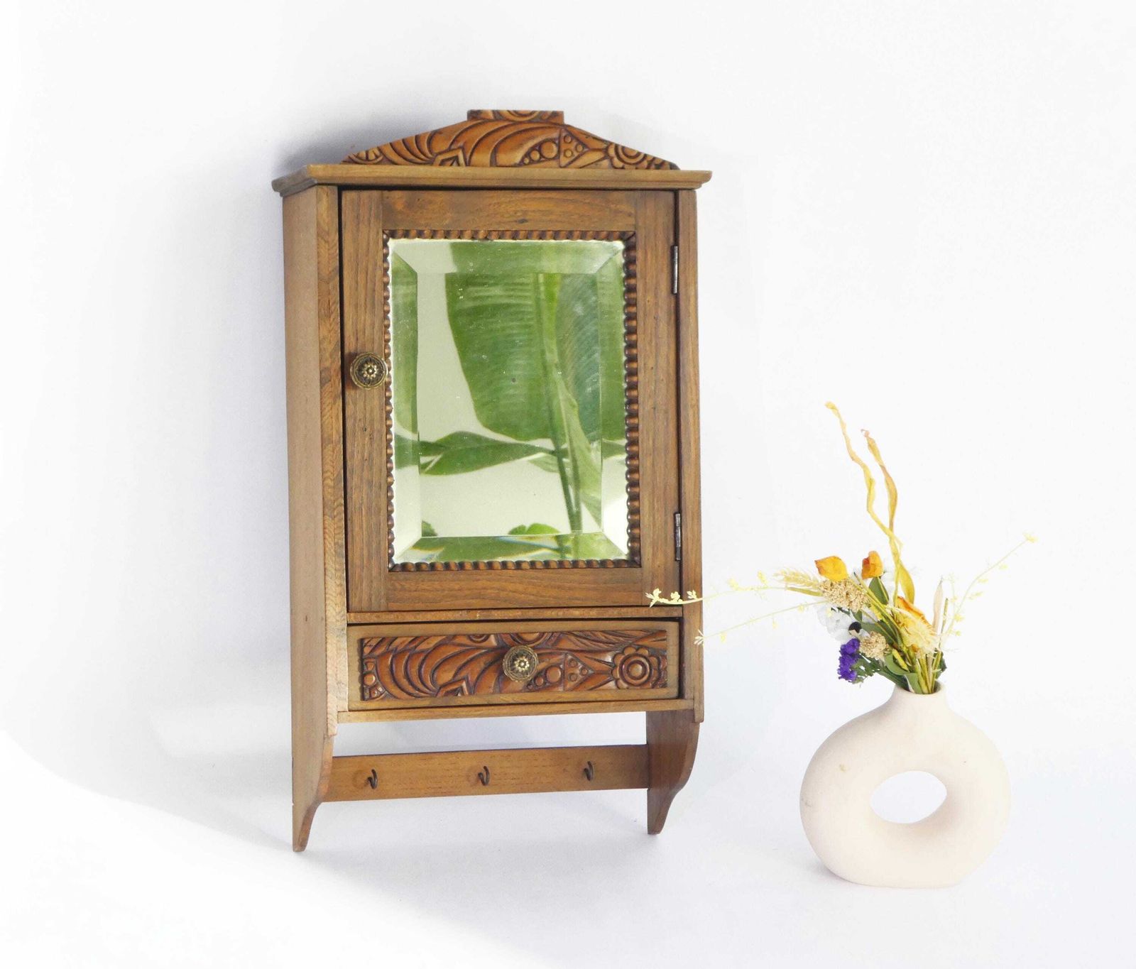 Antique Small Wooden Wall Cabinet Floral Carved Details, Mirror Apothecary With Drawer, Medicine Cabinet, Small Chest