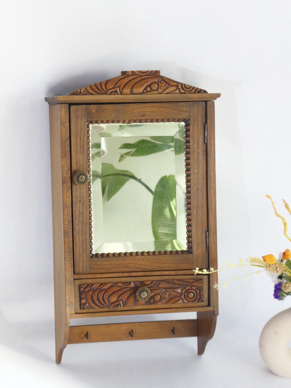 Antique Small Wooden Wall Cabinet Floral Carved Details, Mirror Apothecary With Drawer, Medicine Cabinet, Small Chest photo Furniture