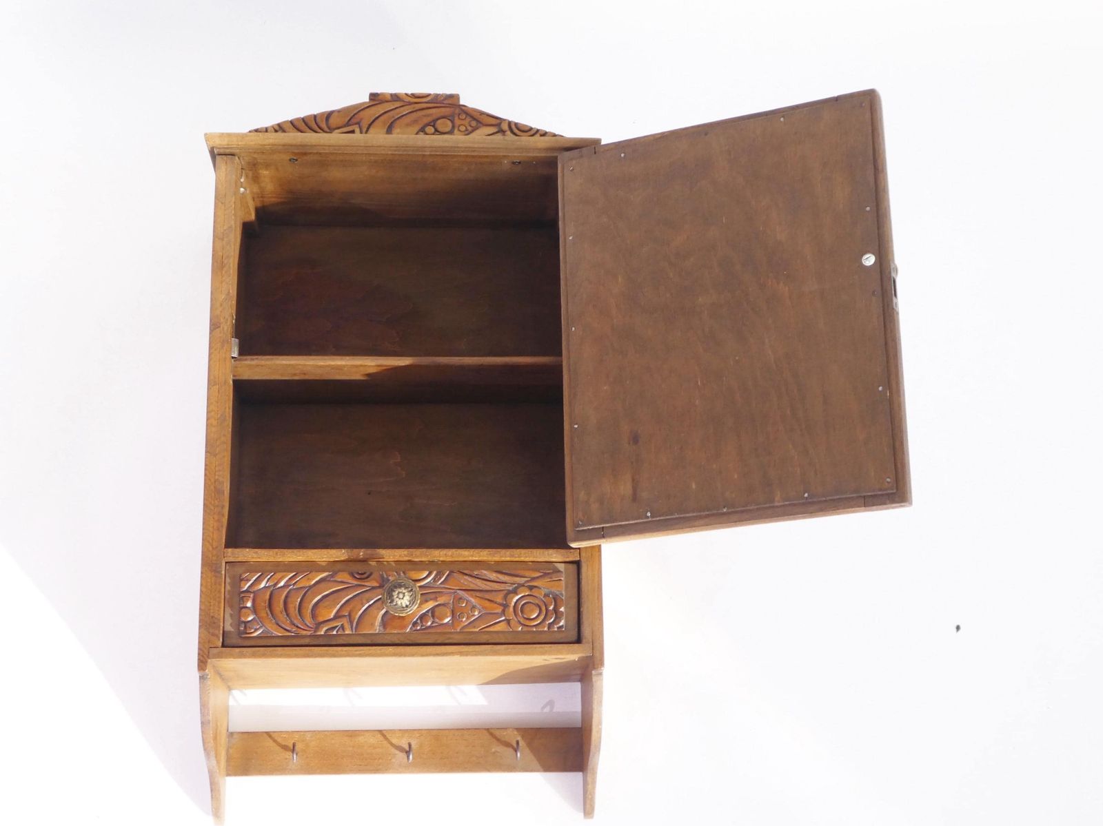 photo furniture Antique Small Wooden Wall Cabinet Floral Carved Details, Mirror Apothecary With Drawer, Medicine Cabinet, Small Chest